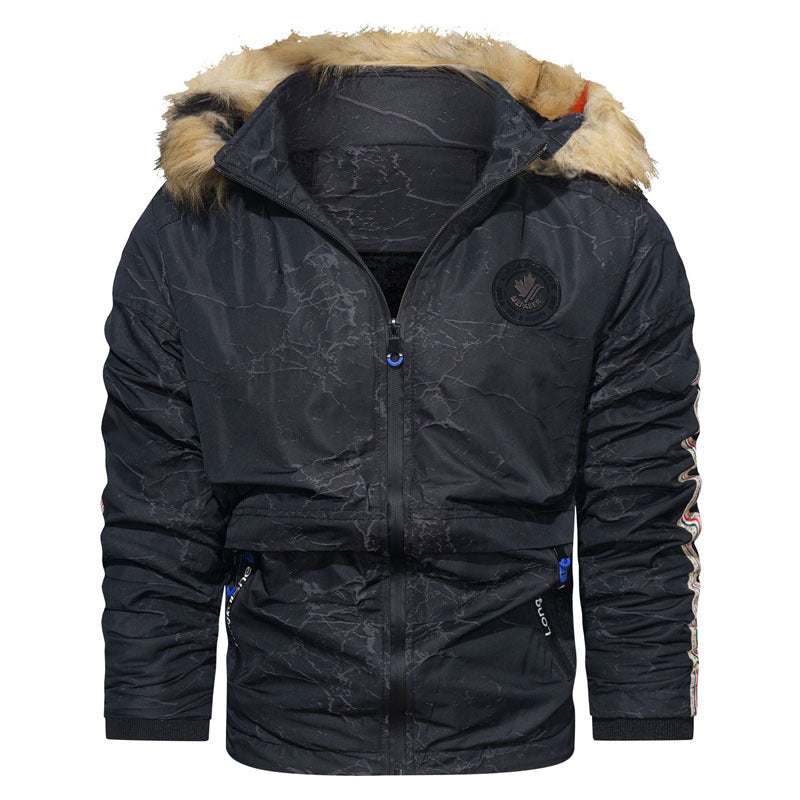Herren wattierte Kapuzenjacke im Fieldparka-Stil mit Kunstfellbesatz und Ärmel-Stripe Drune