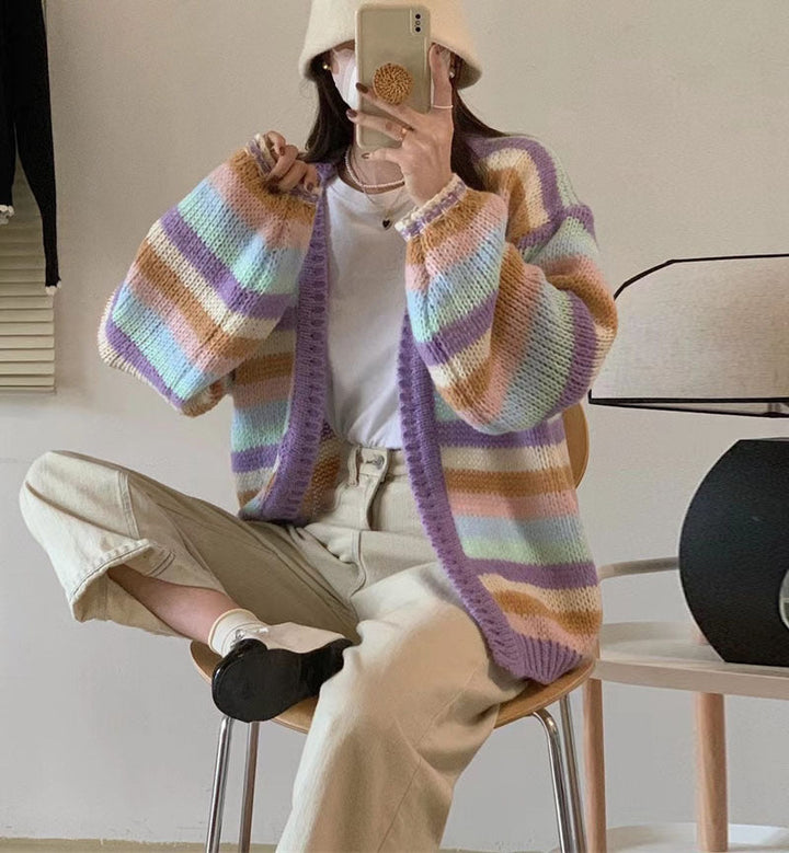 Damen Gemusterter Strickcardigan mit luftigen Ärmeln und sanften Farbverläufen Drune