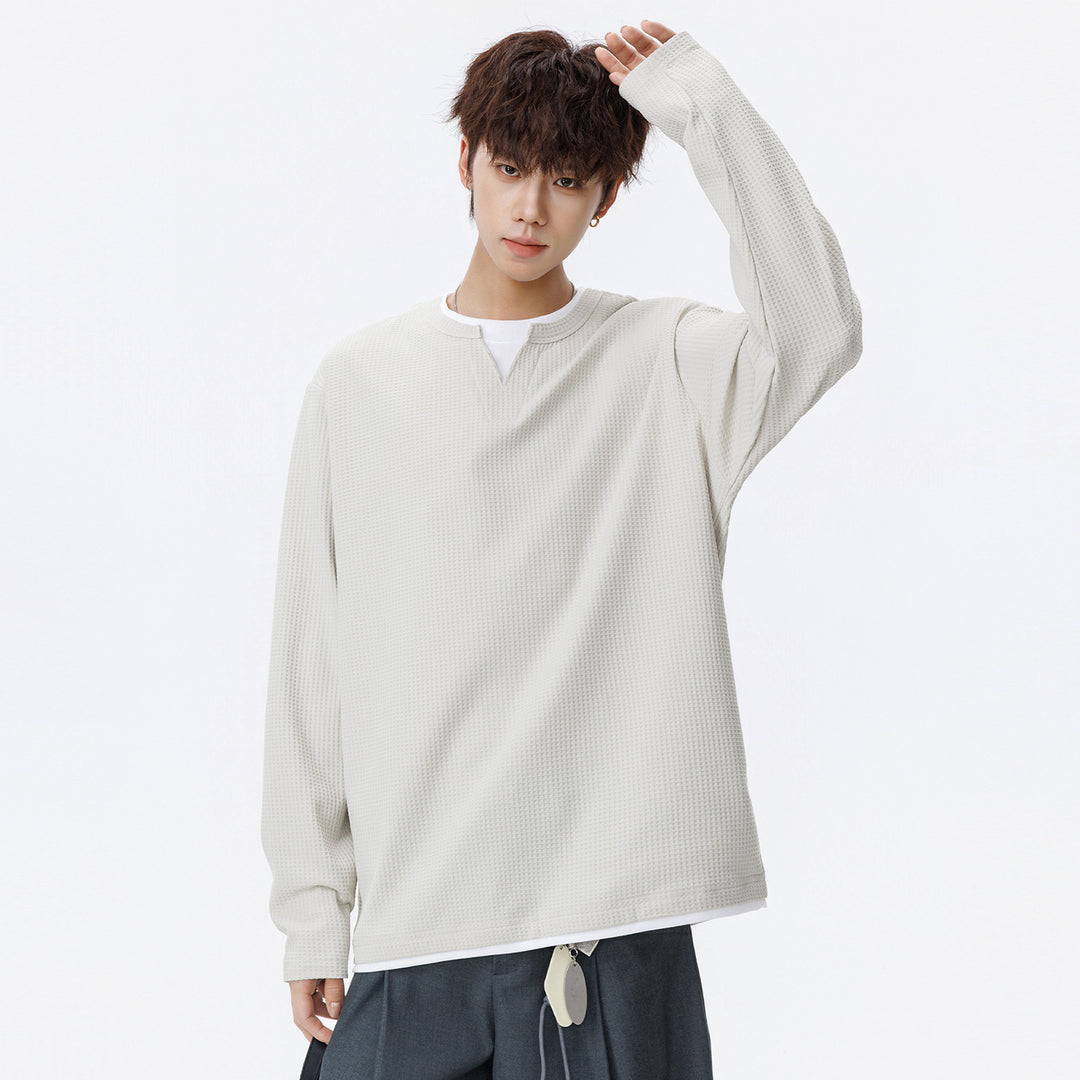 Herren Oversized Waffelstruktur-Sweatshirt mit V-Ausschnitt und Lagenoptik Drune