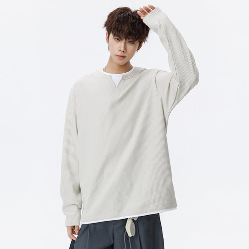 Herren Oversized Waffelstruktur-Sweatshirt mit V-Ausschnitt und Lagenoptik Drune