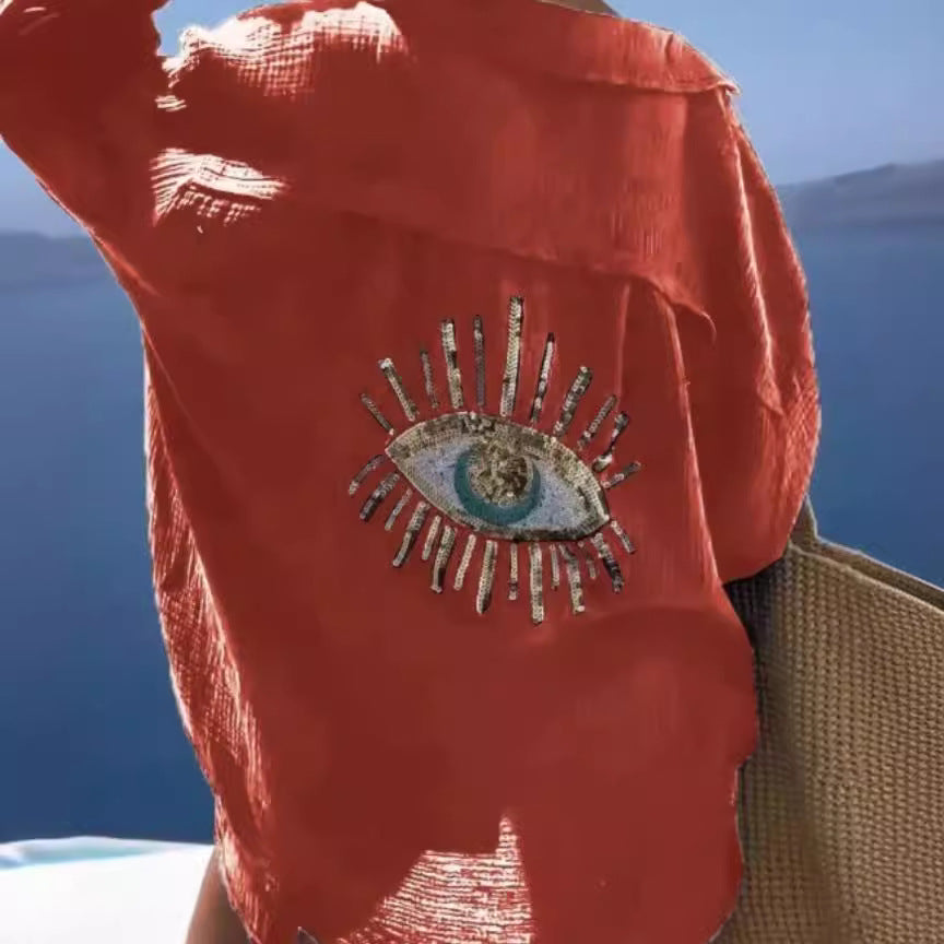 Damen lässige Bluse mit einzigartigem Augenmotiv und gestickten Akzenten Drune