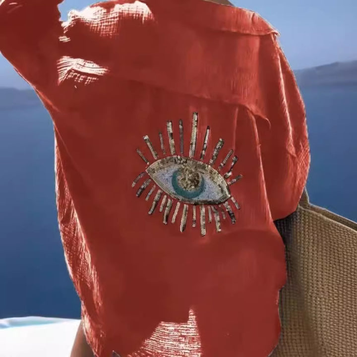 Damen lässige Bluse mit einzigartigem Augenmotiv und gestickten Akzenten Drune