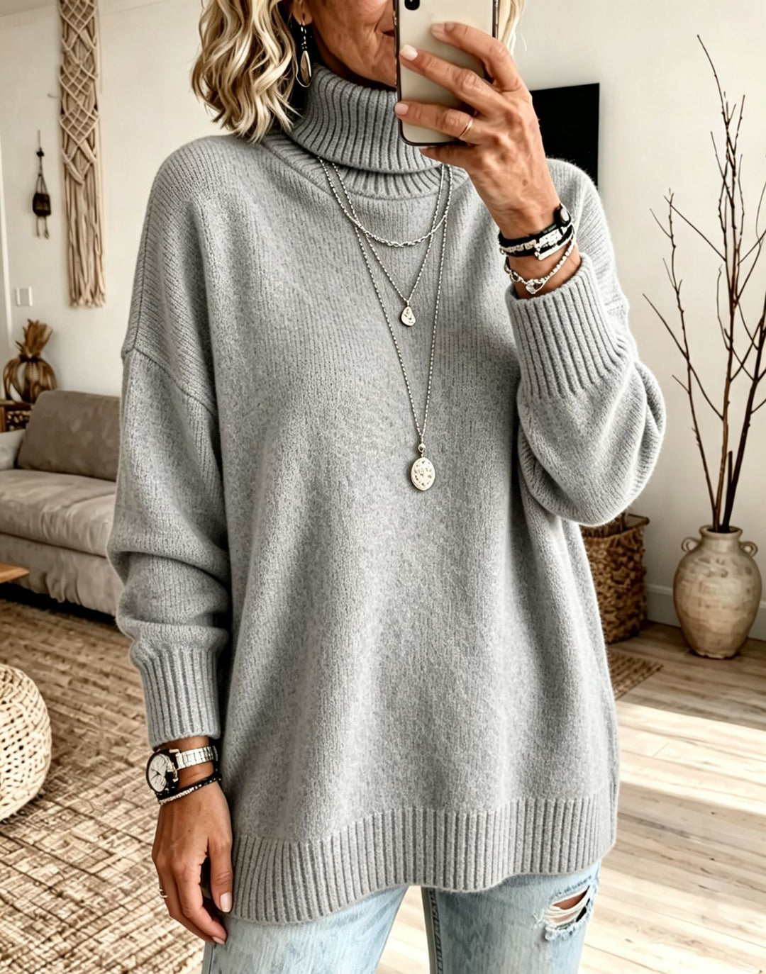Damen Oversize Rollkragenpullover aus Feinstrick mit gerippten Bündchen und überschnittener Schulter Drune
