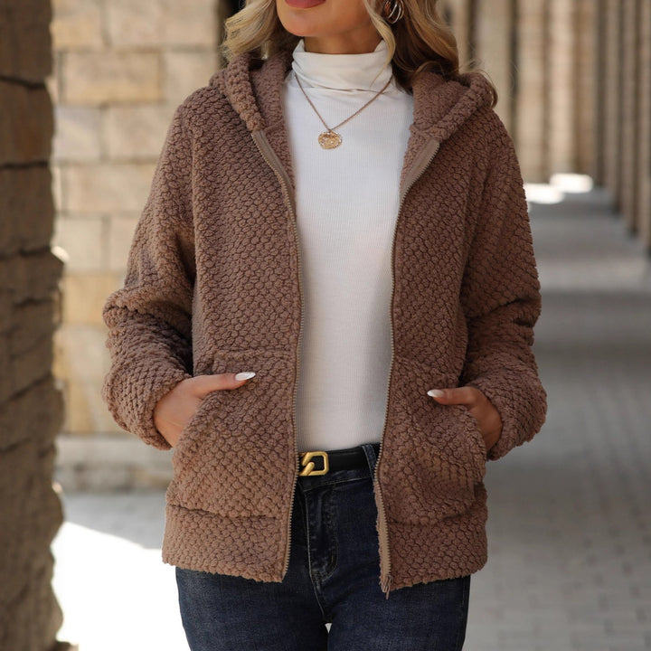 Damen Plüschige Fleecejacke mit Hoodie und Taschen Drune