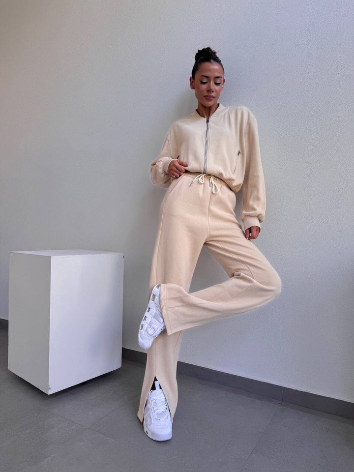 Damen Loungewear-Set mit Kurzzip-Jacke und High‑Waist‑Jogginghose mit Seitenschlitz Drune