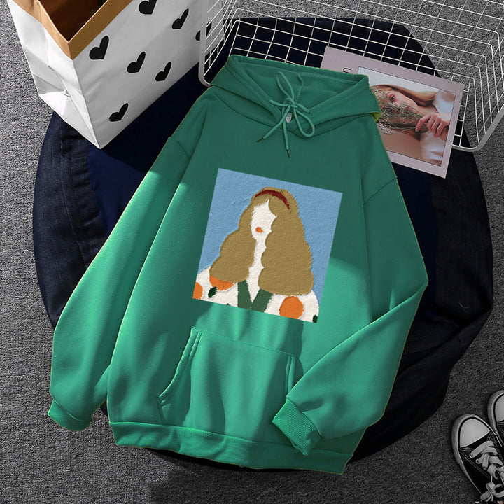 Damen nan Kapuzenpullover mit kunstvoller Chenille-Stickerei im Portraitstil und Kängurutasche Drune