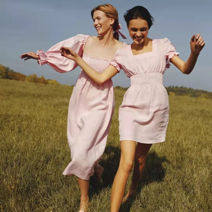 Damen Maxikleid mit voluminösen puffärmeln und elastischem Oberteil Drune