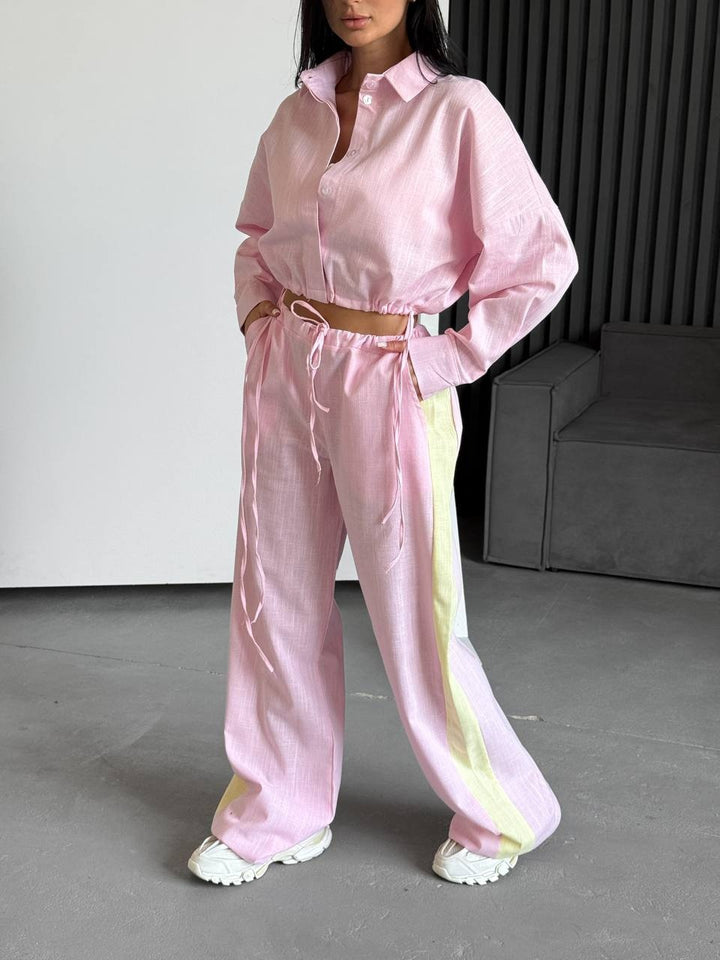 Damen kurzes Hemd mit Kordelzug und weite hochgeschnittene Leinenhose Set Drune