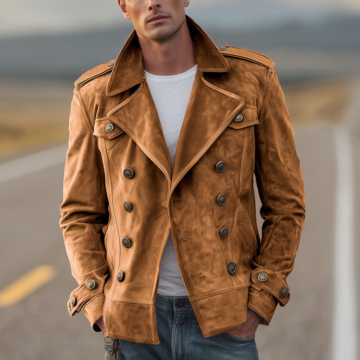 Herren nan doppeltreihige Vintage-Lederjacke mit Reverskragen und Schulterpatten Drune