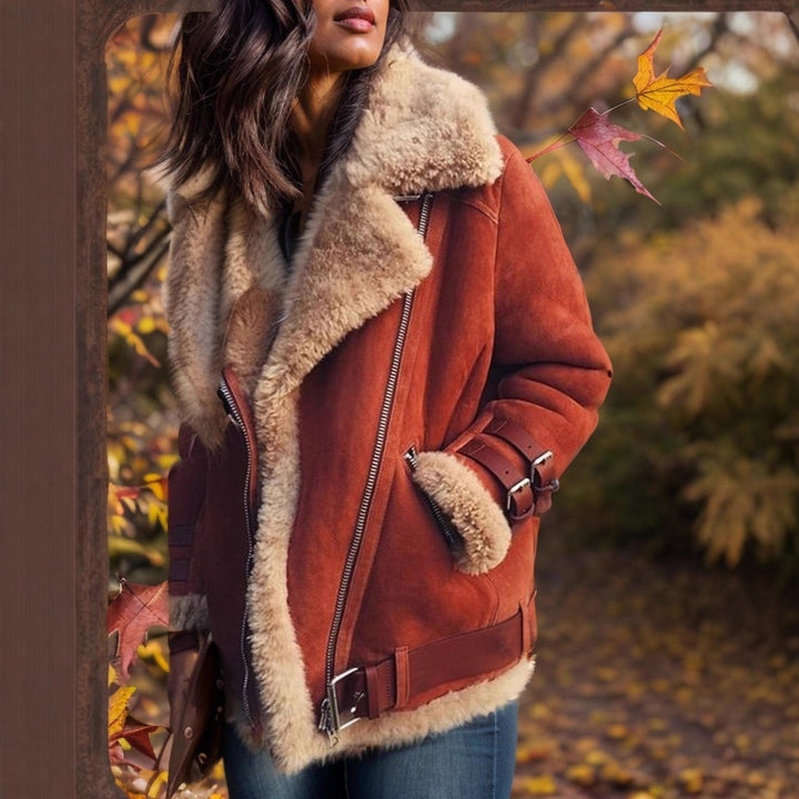 Damen Kurz geschnittene Aviator-Lederjacke mit Teddyfell‑Futter und Reißverschlussdetails Drune