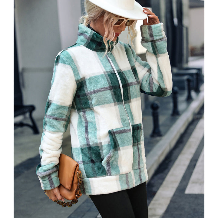 Damen Fleecejacke mit modernem Karomuster und hohen Kragen Drune