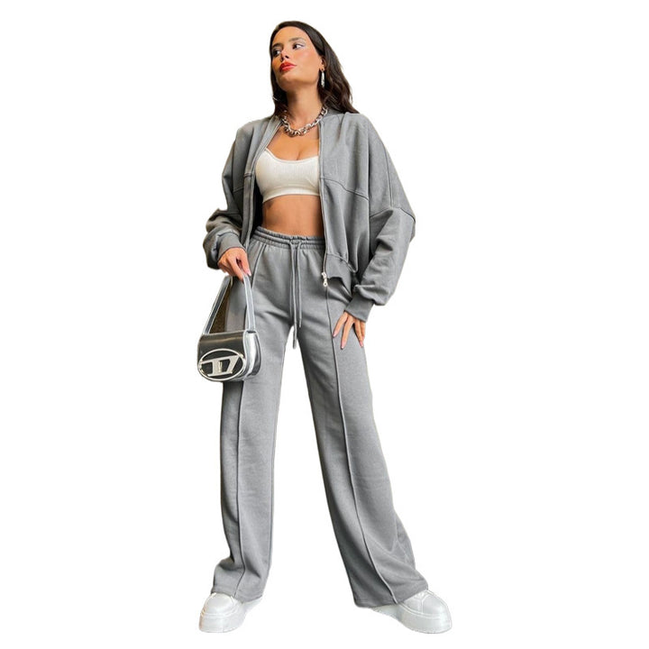 Damen Oversized Zip-Hoodie-Set mit Cropped Top und weiter Naht-Sweathose Drune