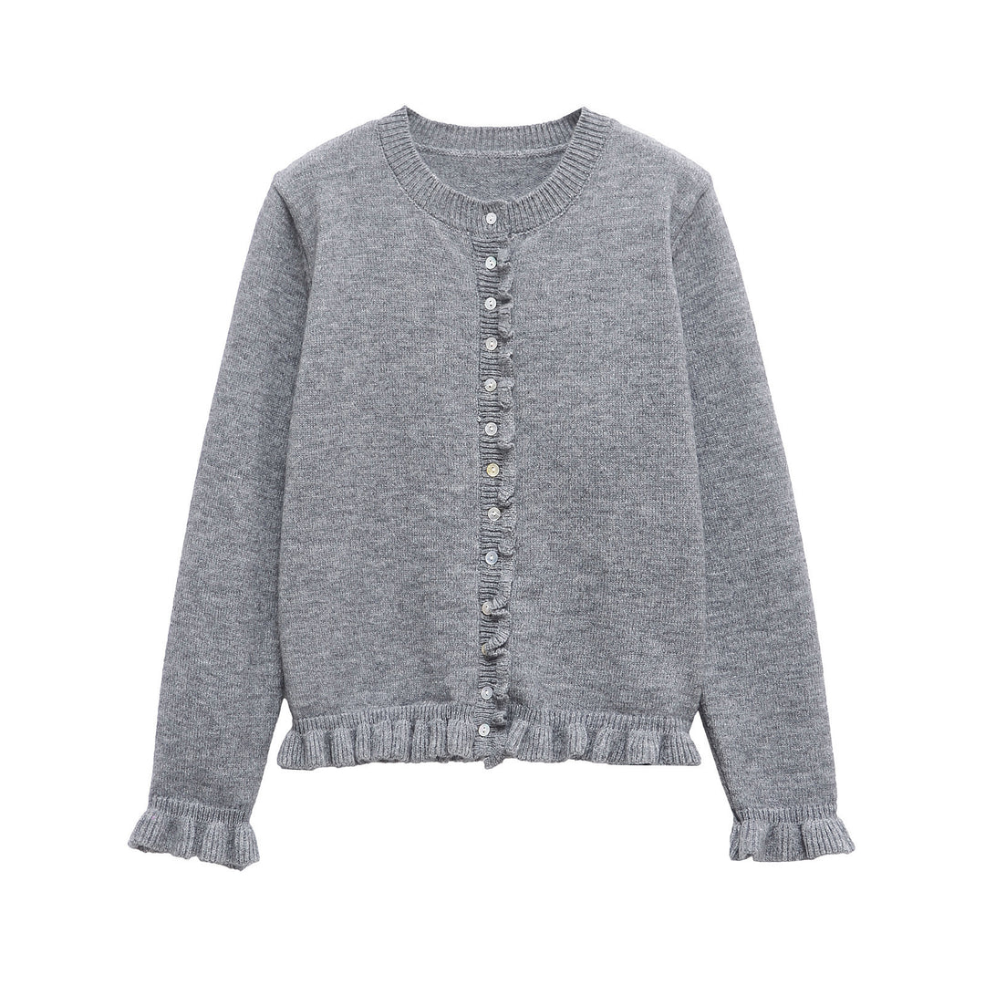 Damen Strickjacke mit Rüschendetails und dekorativen Knöpfen Drune