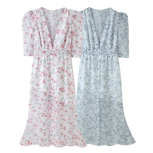 Damen Chiffon-Midikleid mit floraler Allover‑Optik, V‑Ausschnitt und geraffter Taille Drune
