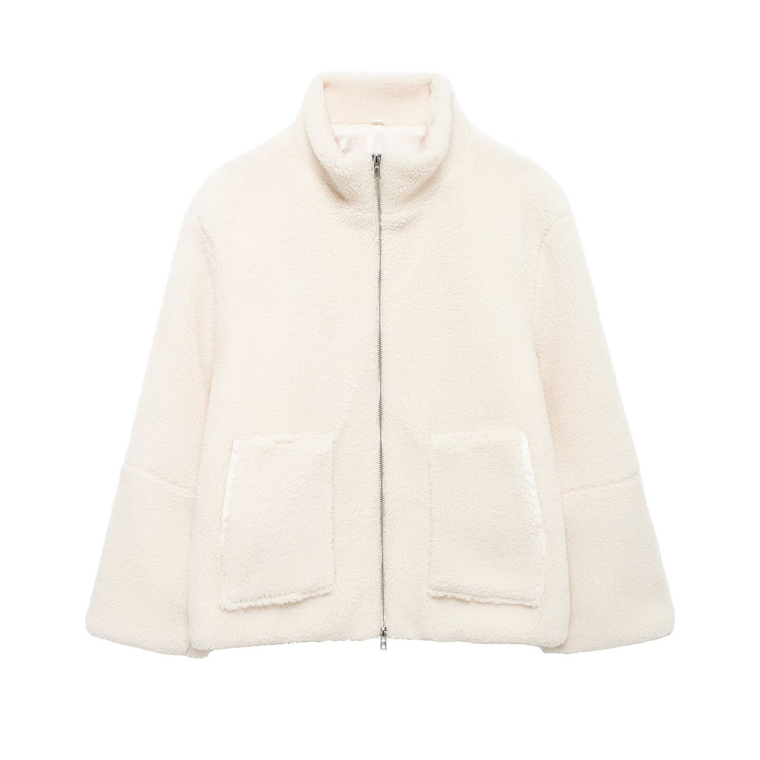 Damen Oversize Teddy-Fleecejacke mit Stehkragen und aufgesetzten Taschen Drune