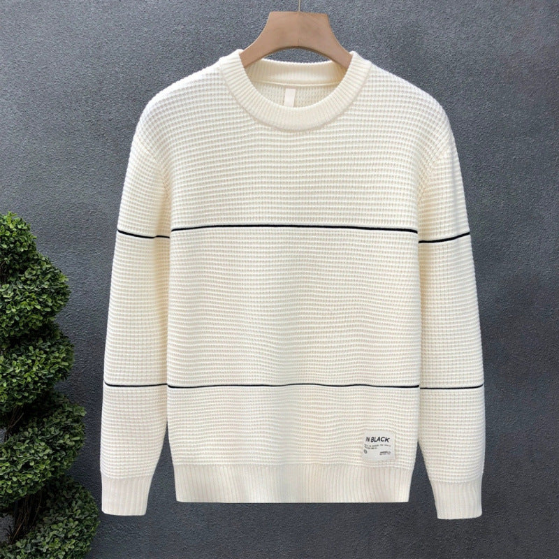 Unisex Strukturierter Waffelstrick-Pullover mit feinen Kontraststreifen Drune