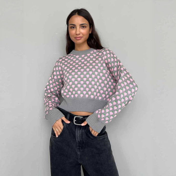 Damen Gestreifter Cropped Pullover mit floralem Muster Drune