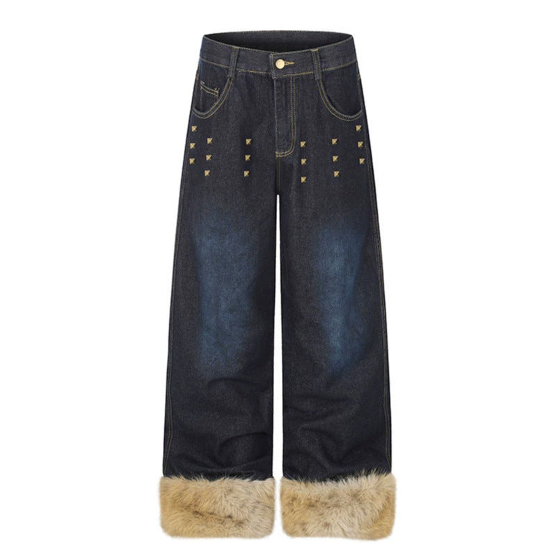 Damen Weite Denim-Palazzo-Jeans mit Fellbündchen und Nieten Drune