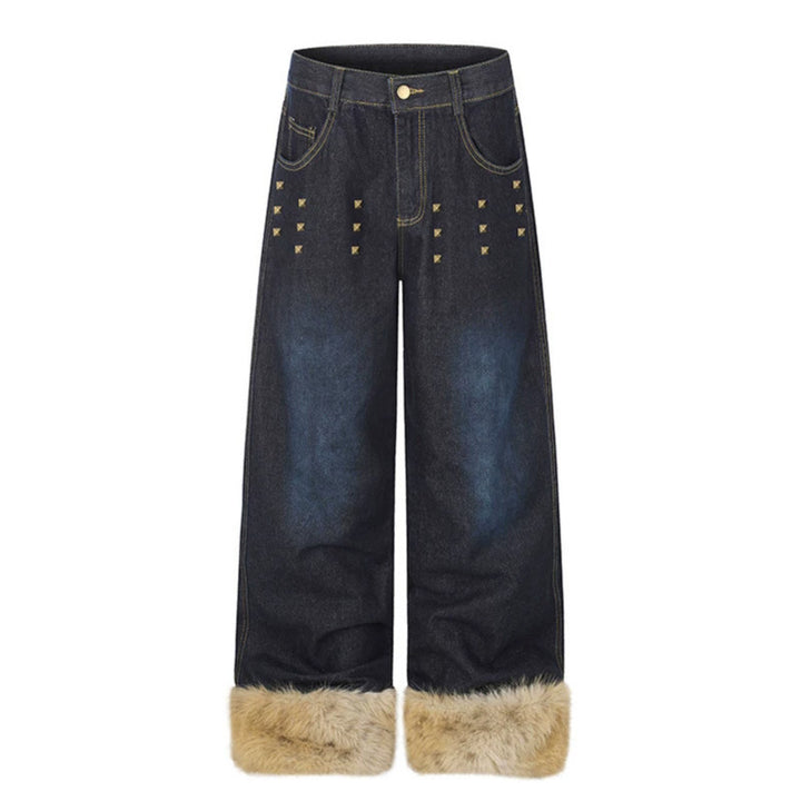 Damen Weite Denim-Palazzo-Jeans mit Fellbündchen und Nieten Drune