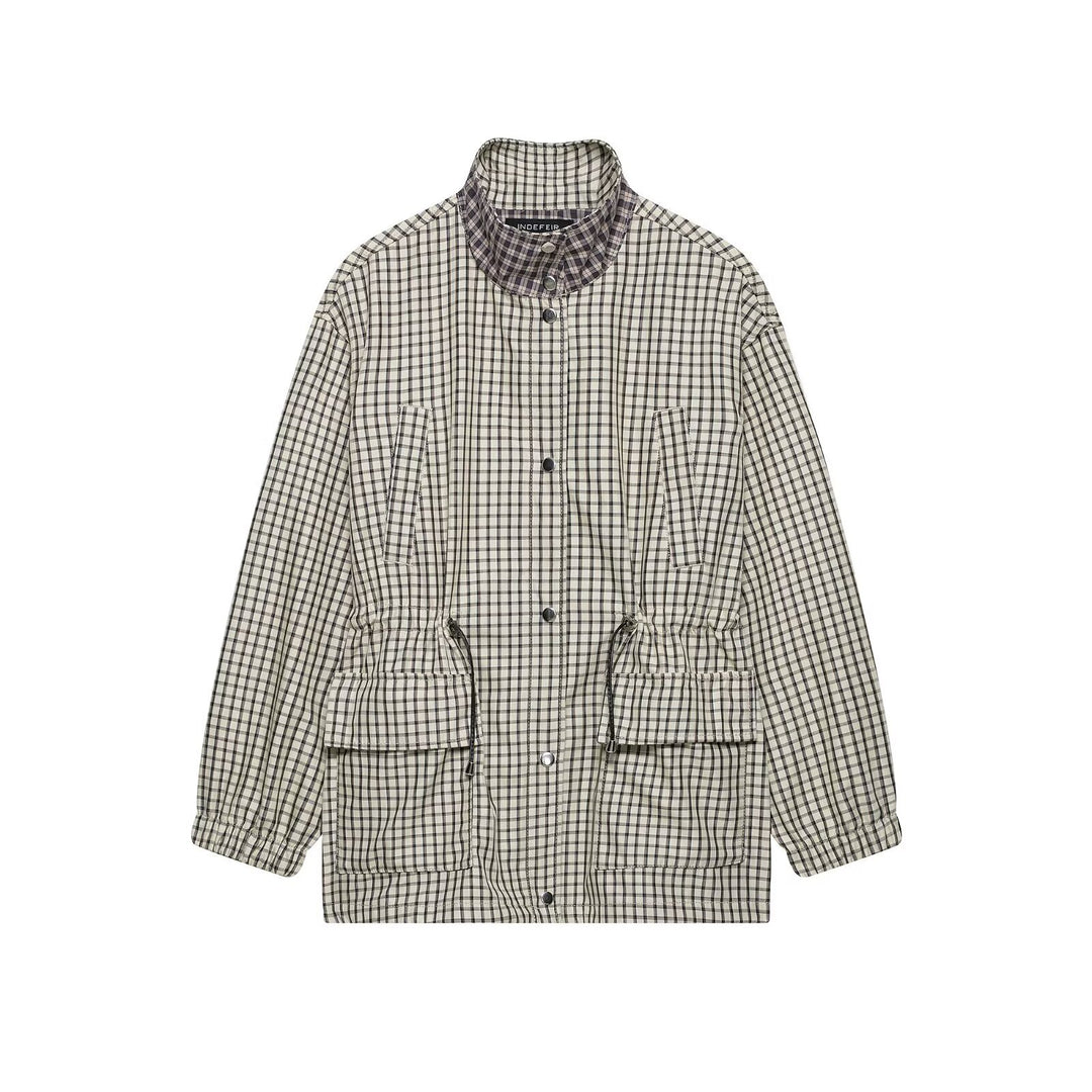 Damen Karierte Oversize-Parka mit Tunnelzug, Stehkragen und aufgesetzten Pattentaschen Drune