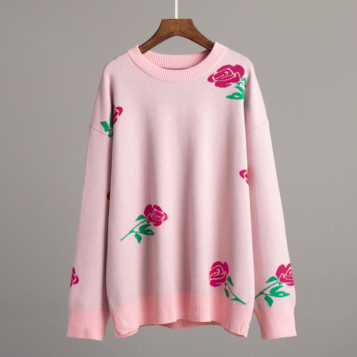 Damen Gemusterter Strickpullover mit floralem Design und lockerer Passform Drune