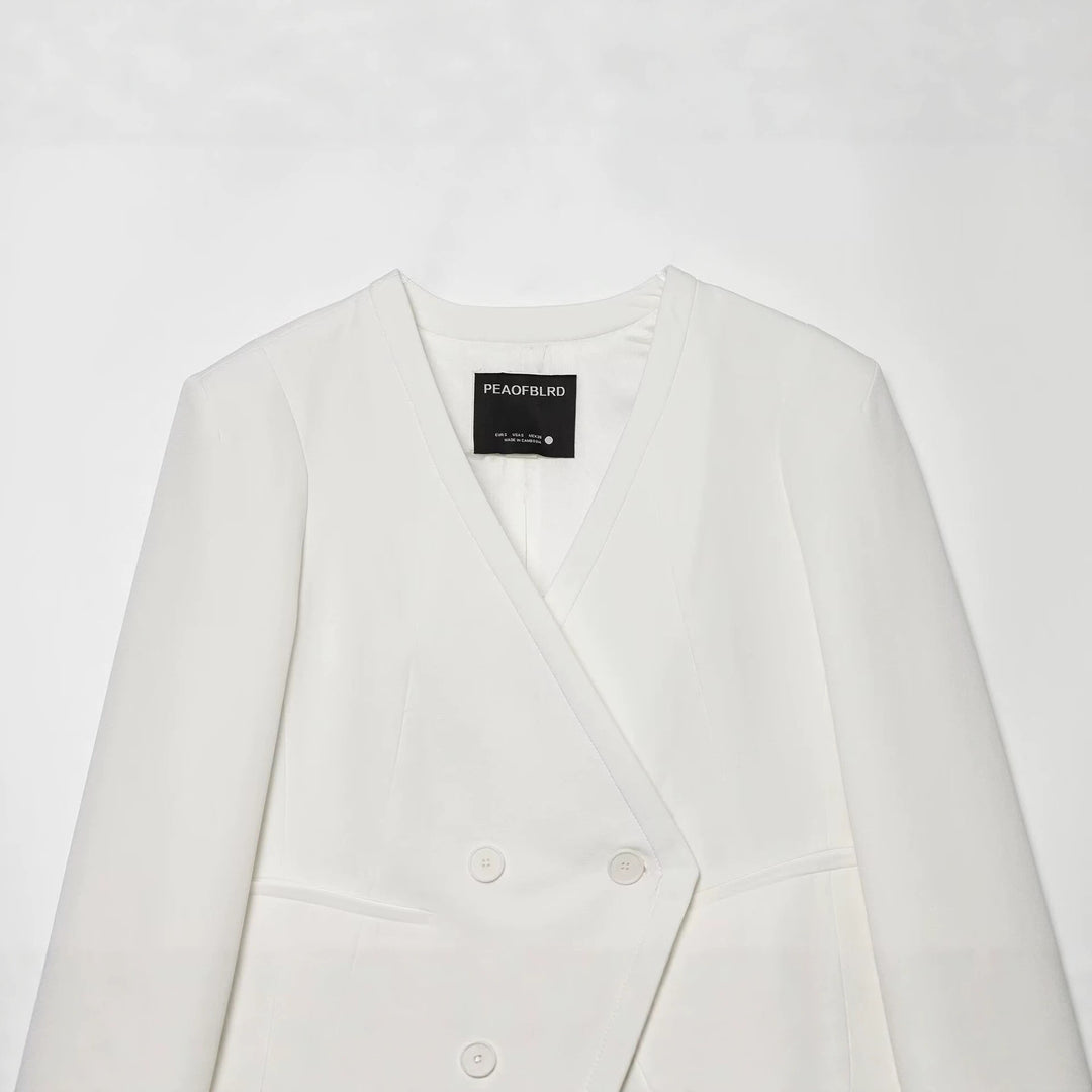 Damen Cropped Zweireihiger Blazer mit tiefem V-Ausschnitt und Manschetten Drune