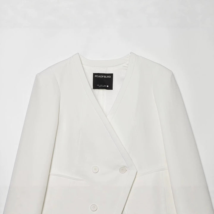 Damen Cropped Zweireihiger Blazer mit tiefem V-Ausschnitt und Manschetten Drune