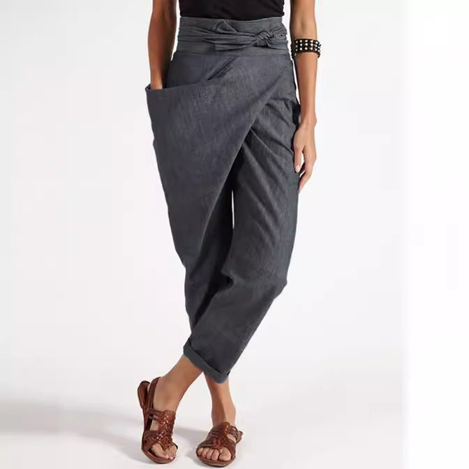 Damen nan Wickelhose aus Leinenmix mit hohem Taillenbund, überlappender Vorderseite und großzügiger Eingrifftasche Drune