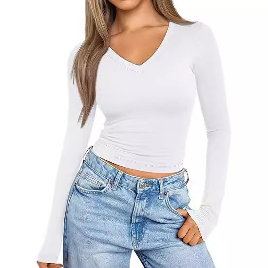 Damen Figurnahes Langarm-Cropped-Shirt mit V-Ausschnitt und elastischem Taillenbund Drune