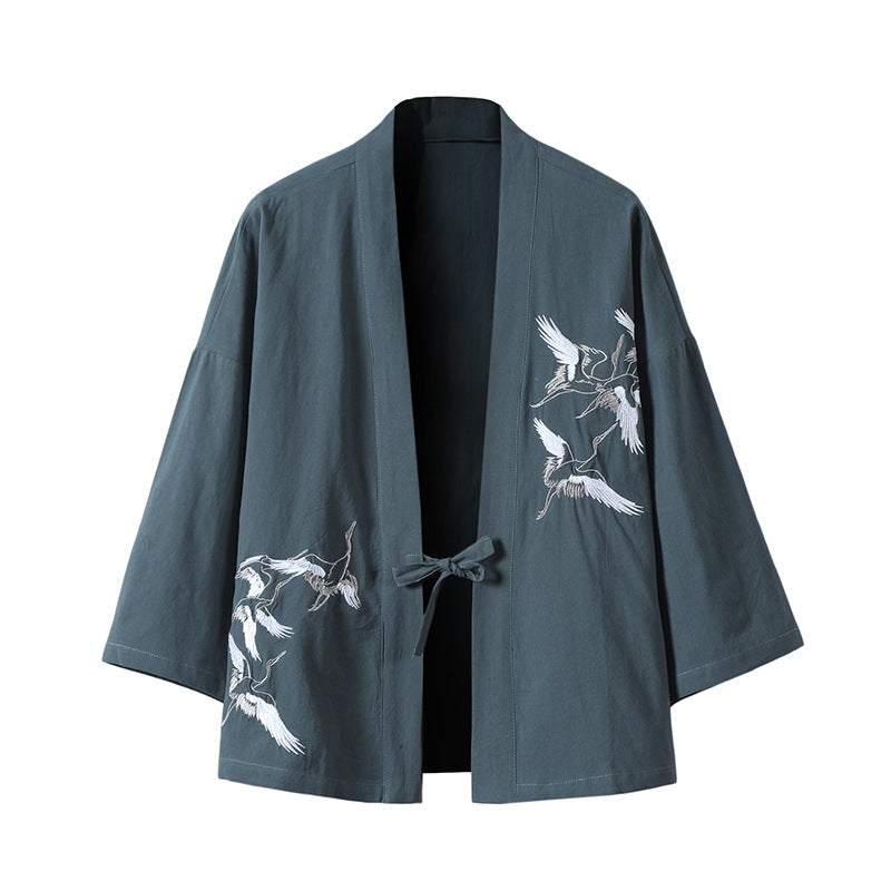 Unisex nan japanisch inspirierte Kimonojacke mit Kranichstickerei und Bindeschließe Drune