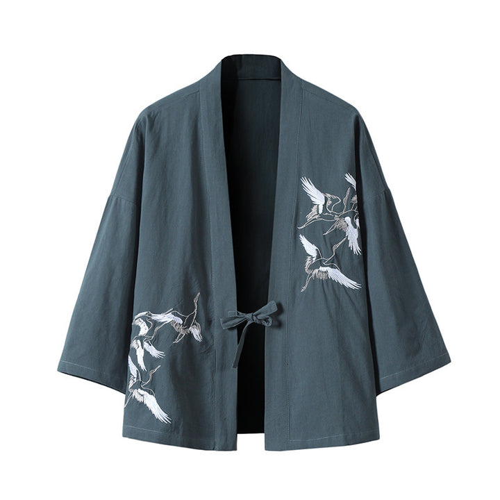 Unisex nan japanisch inspirierte Kimonojacke mit Kranichstickerei und Bindeschließe Drune