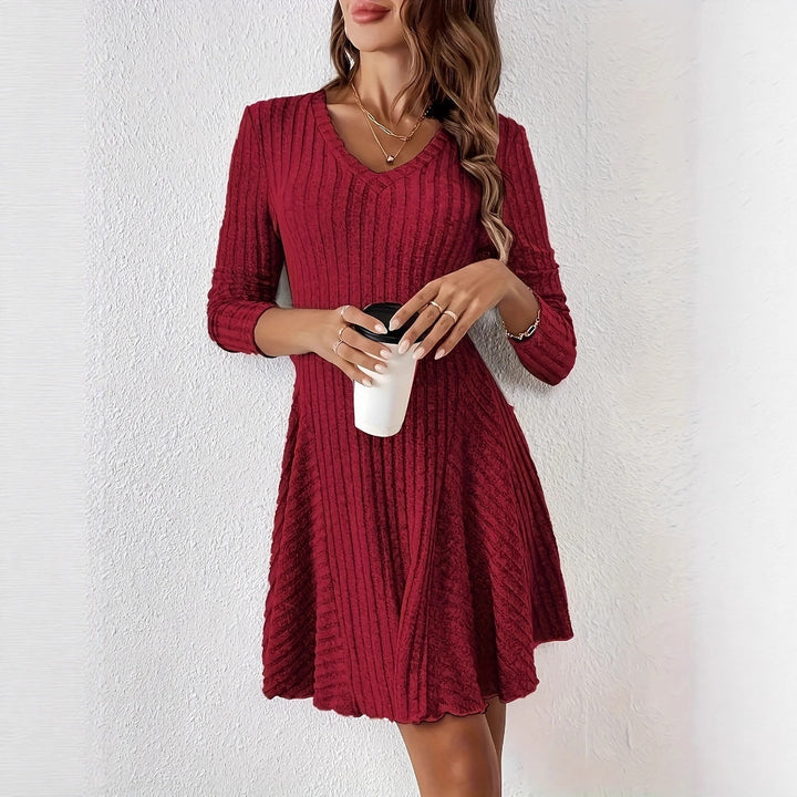 Damen Figurbetontes Rippenstrick-Minikleid mit V-Ausschnitt und ausgestelltem Stufenrock Drune