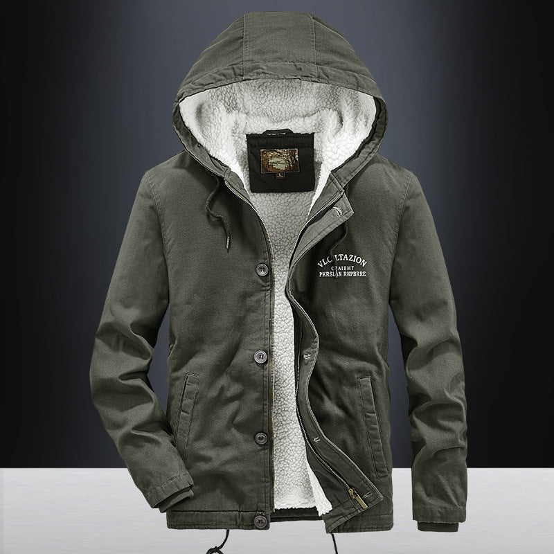 Herren Lässige Canvas-Kapuzenjacke mit durchgehendem Sherpa-Futter und doppelter Front Drune