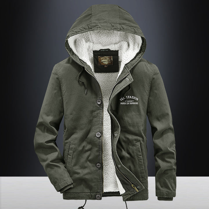 Herren Lässige Canvas-Kapuzenjacke mit durchgehendem Sherpa-Futter und doppelter Front Drune