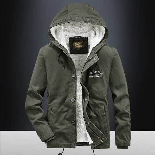 Herren Lässige Canvas-Kapuzenjacke mit durchgehendem Sherpa-Futter und doppelter Front Drune
