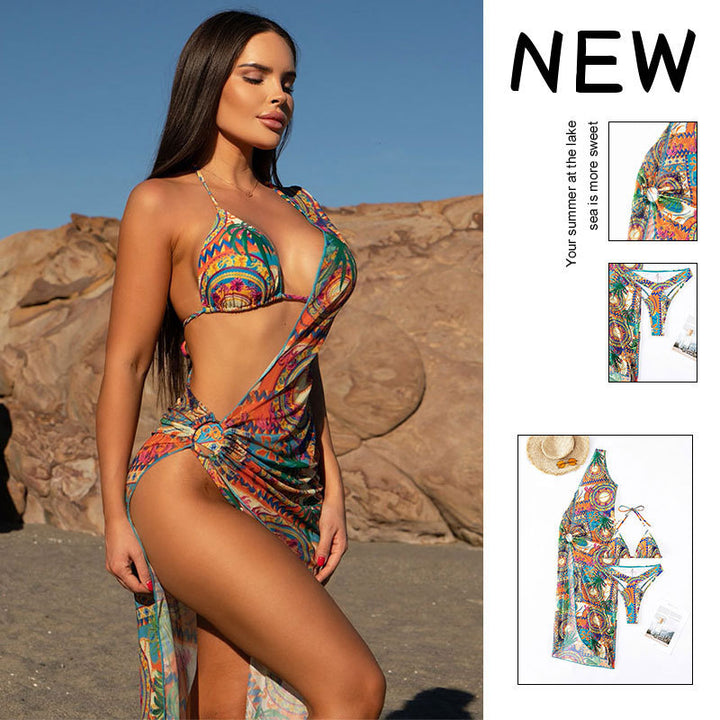 Damen Triangel-Bikini mit asymmetrischem Wickelrock und modischem Farbdesign Drune