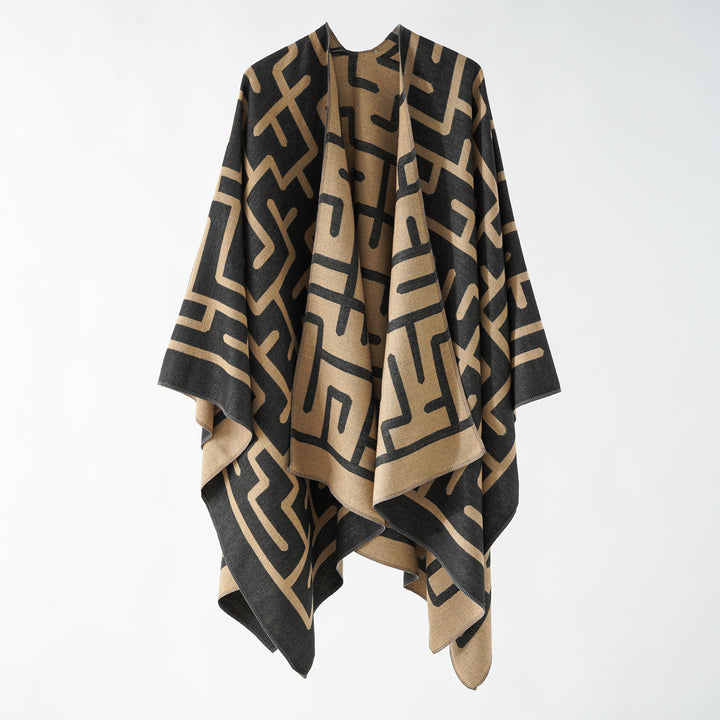 Damen Wendejacquard-Ruana mit grafischem Muster und asymmetrischem Saum Drune