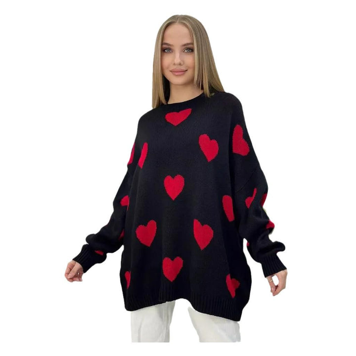 Damen Oversize Strickpullover mit Herz‑Motiv, Rippbündchen & weiter Silhouette Drune