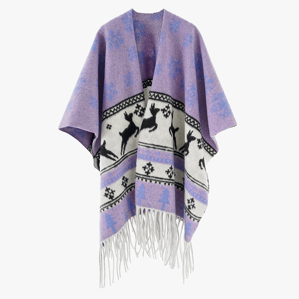 Damen Oversize-Poncho mit Norweger-Motiv und Fransen aus Wollmix Drune