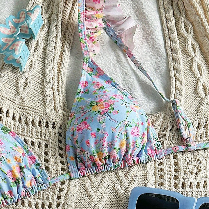 Damen Triangel-Bikini-Set mit floralen Rüschendetails und verstellbaren Trägern Drune