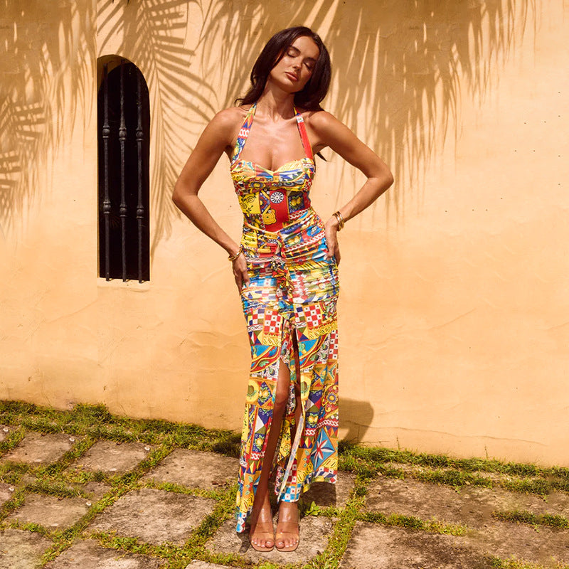 Damen Sommerliches Maxikleid mit buntem Druck und aufregendem Schlitz Drune