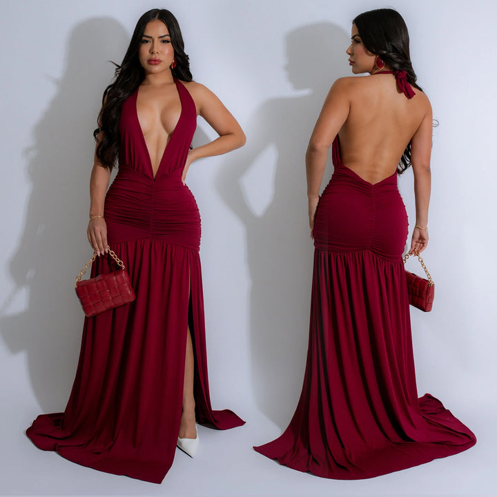 Damen Elegantes Maxikleid mit tiefem V-Ausschnitt und seitlichem Schlitz Drune