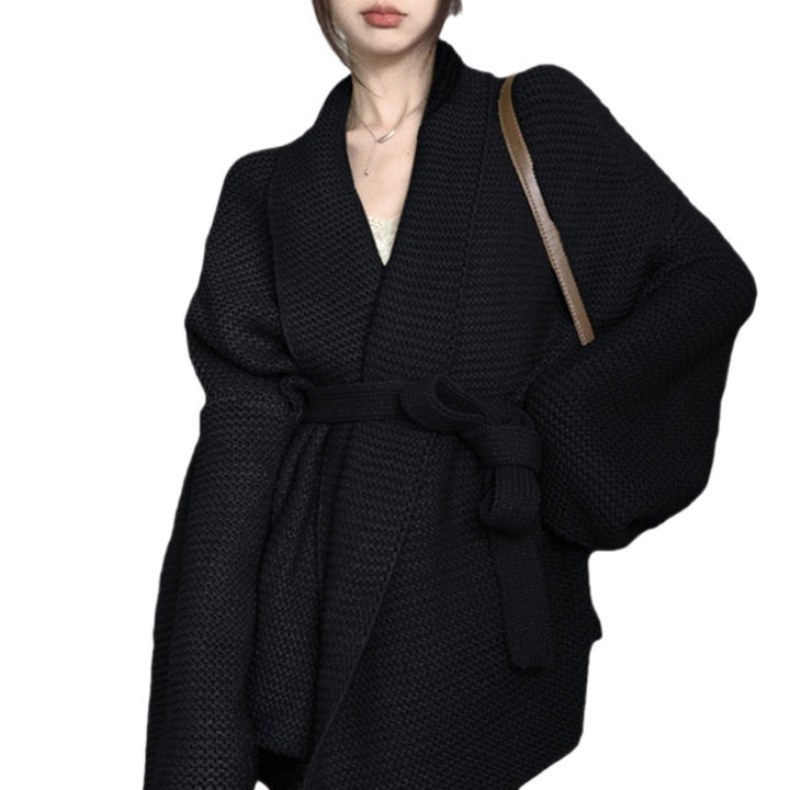 Damen gemütlicher Cardigan mit breiten Ärmeln und Taillengürtel Drune