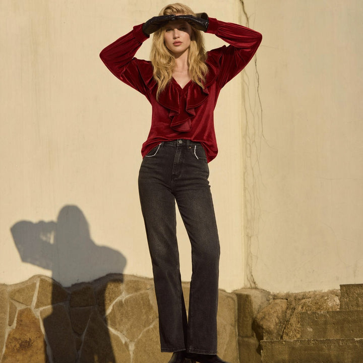 Damen schimmernde V-Neck Rüschenbluse mit Ballonärmeln und elastischen Bündchen Drune