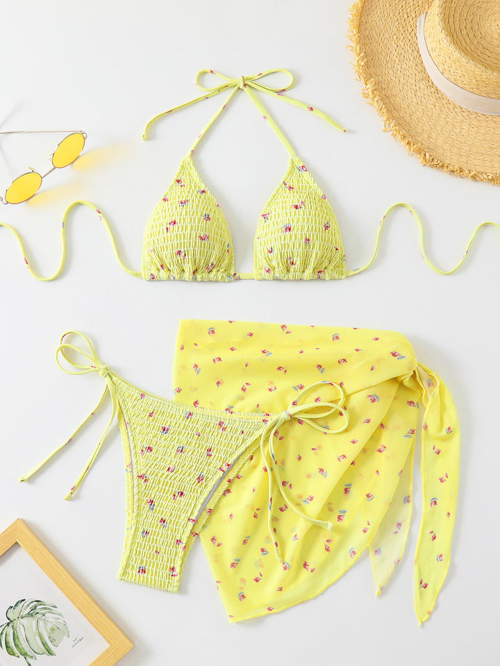 Damen Triangel-Bikini-Set mit floralem Detail und verspieltem Wickelrock Drune