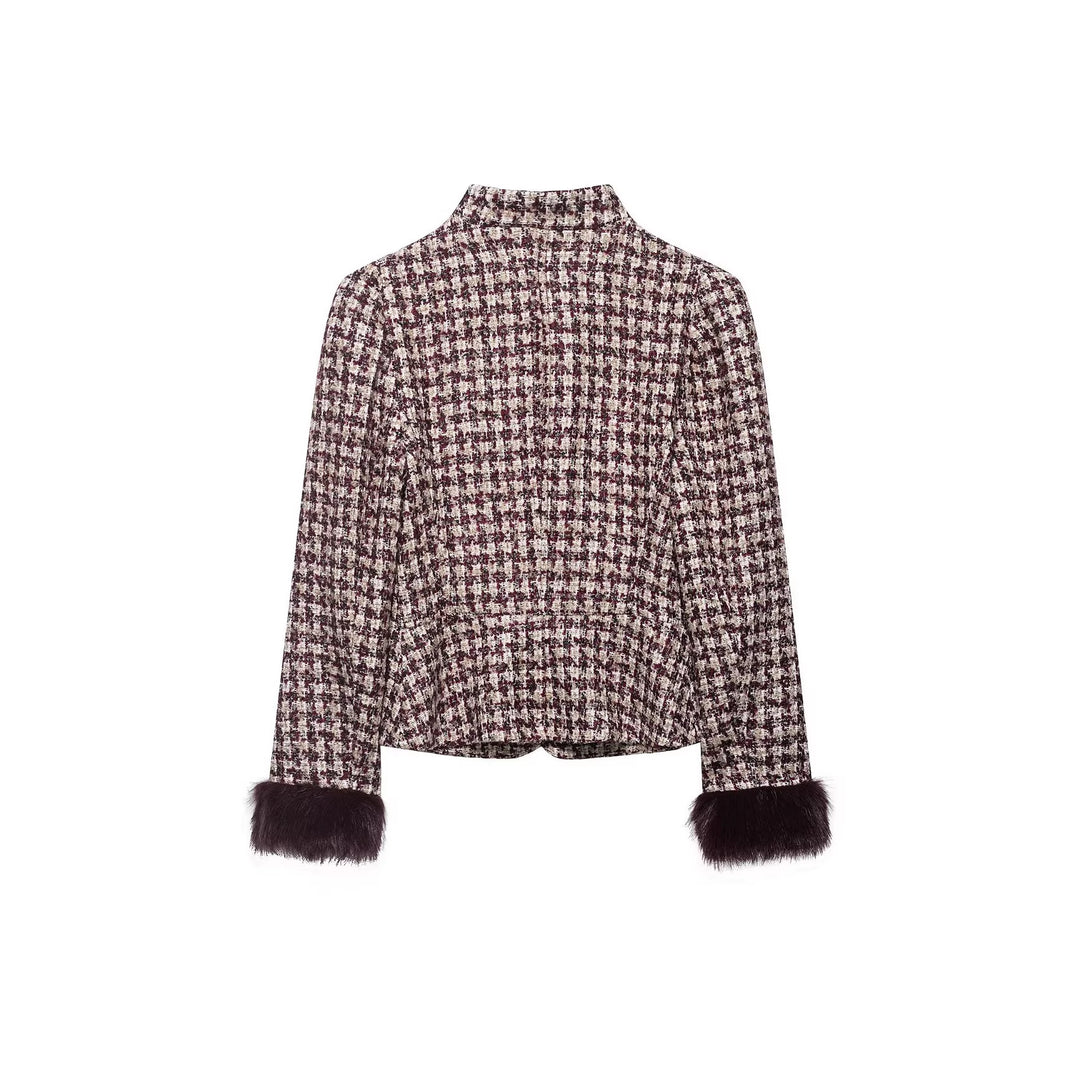 Damen Kurze Bouclé-Tweedjacke mit Stehkragen und Kunstpelzmanschetten Drune