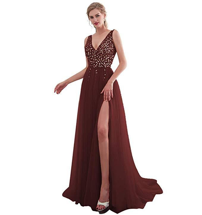 Damen Elegantes Maxikleid mit schimmerndem Oberteil und hohem Schlitz Drune