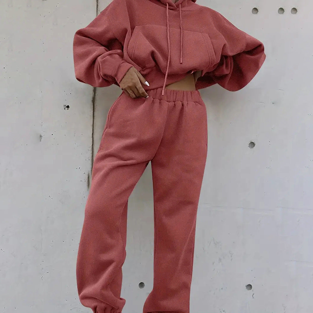 Damen lässiges Oversize-Kapuzen-Sweatset mit Cropped-Hoodie und Highwaist-Jogginghose Drune