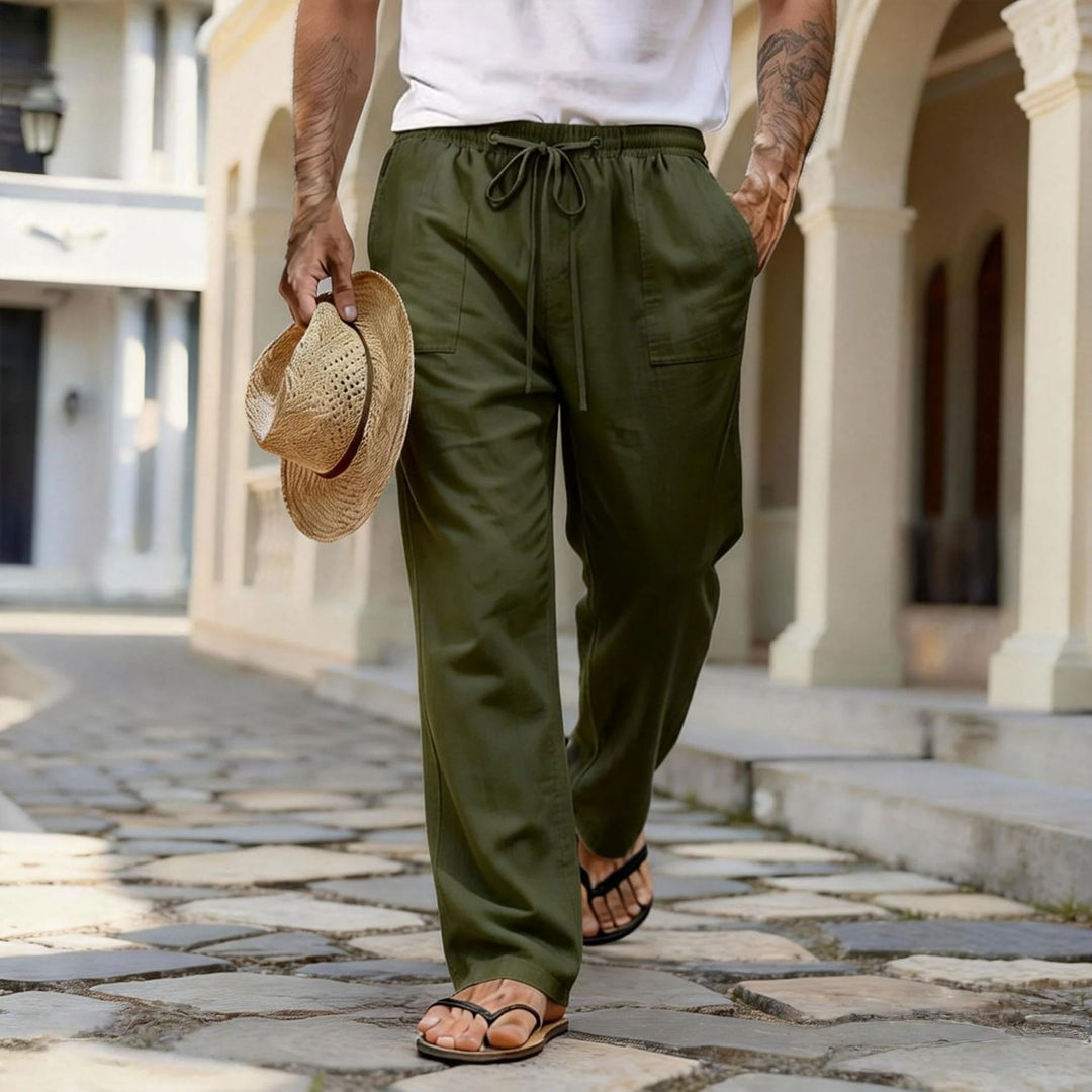Herren leichte Leinenhose mit elastischem Bund und Kordelzug Drune