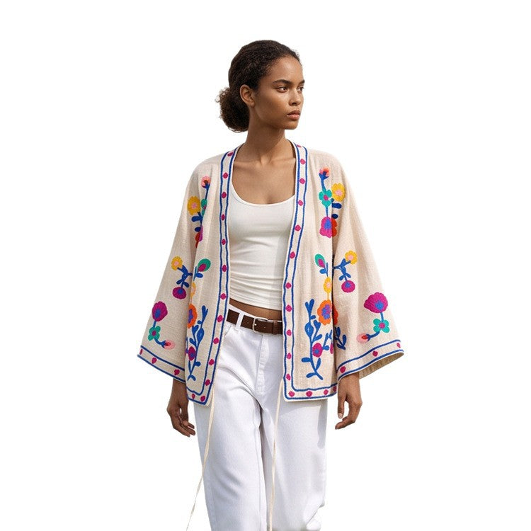 Damen bestickte Leinen‑Überwurfjacke mit folkloristischen Blumenapplikationen Drune